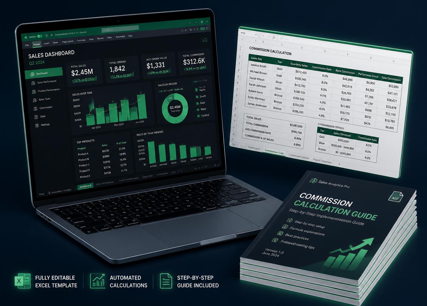ExecOpsHub Excel dashboards, commission calculator and troubleshooting PDF guides